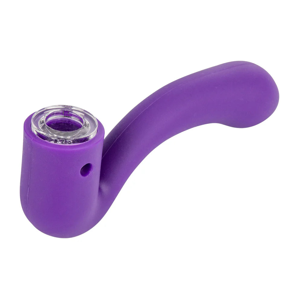 Purple smoking pipe with glass bowl on a white background