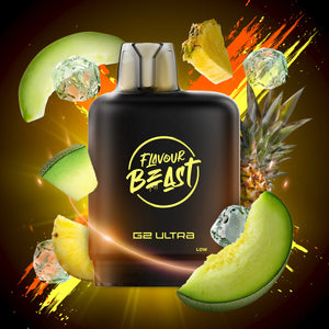 Flavour Beast G2 Ultra vape device surrounded by melon and pineapple slices on a colorful background