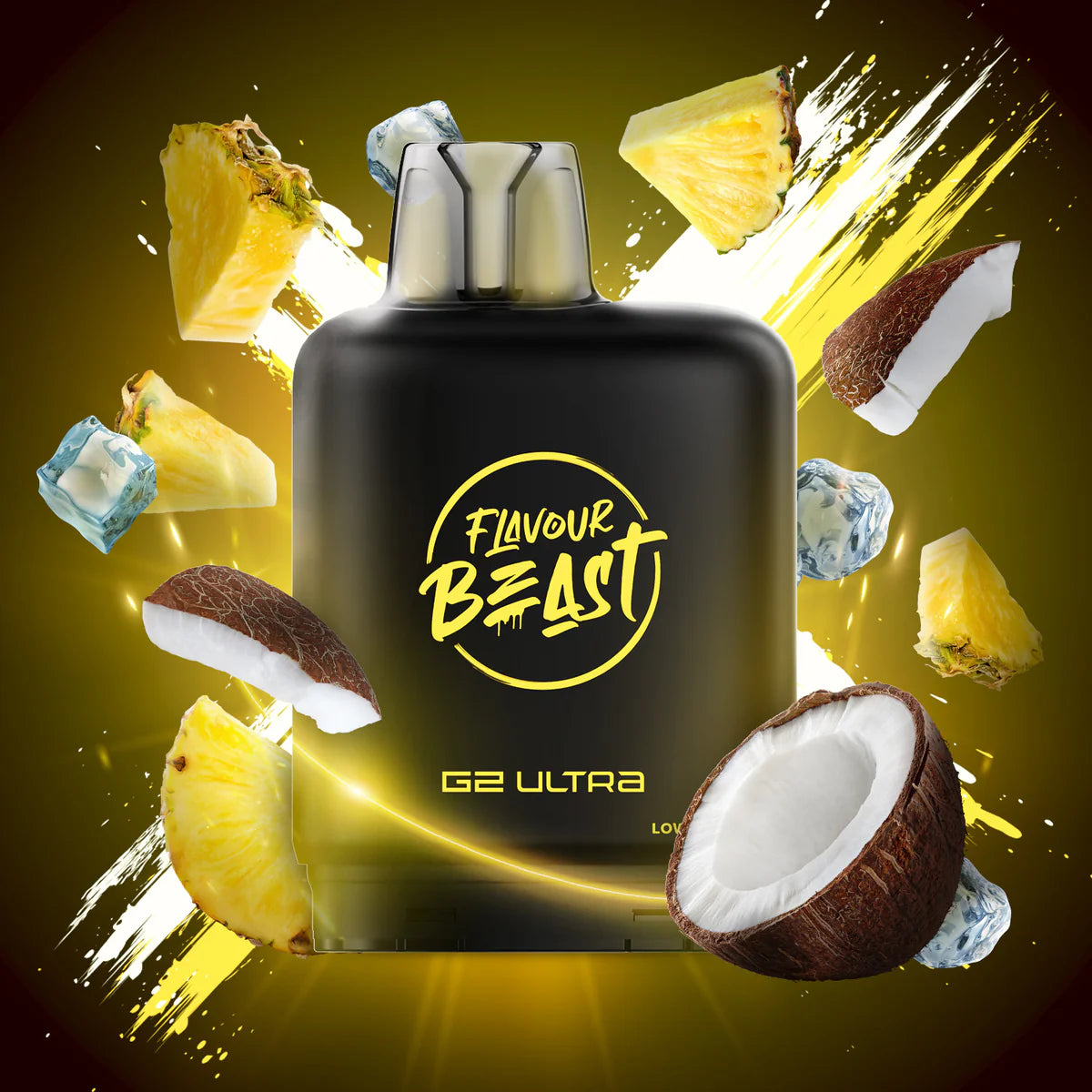 Flavour Beast G2 Ultra vape device with pineapple and coconut elements on a dark background