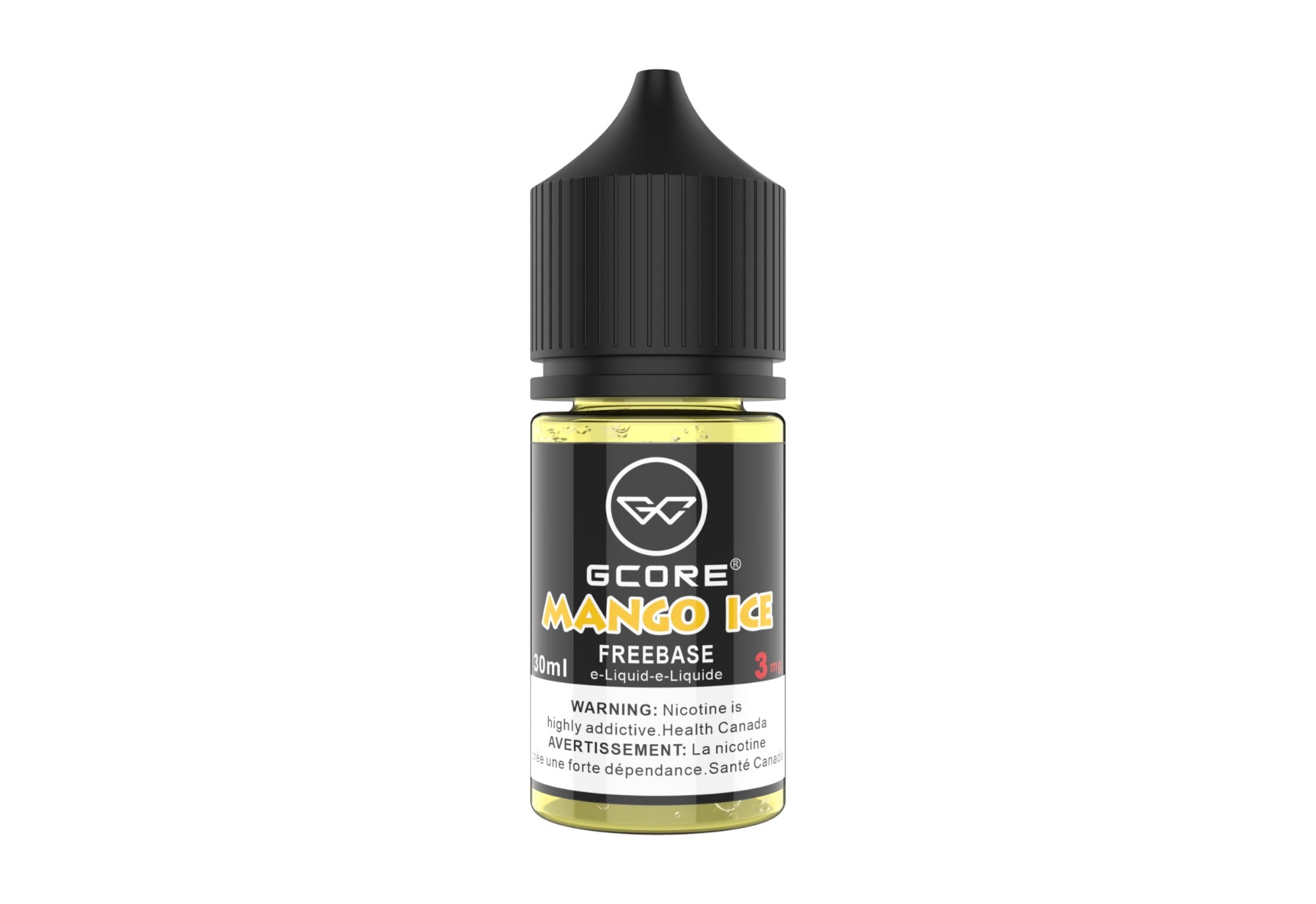 Vape juice bottle labeled 'Mango Ice' with a black cap on a white background