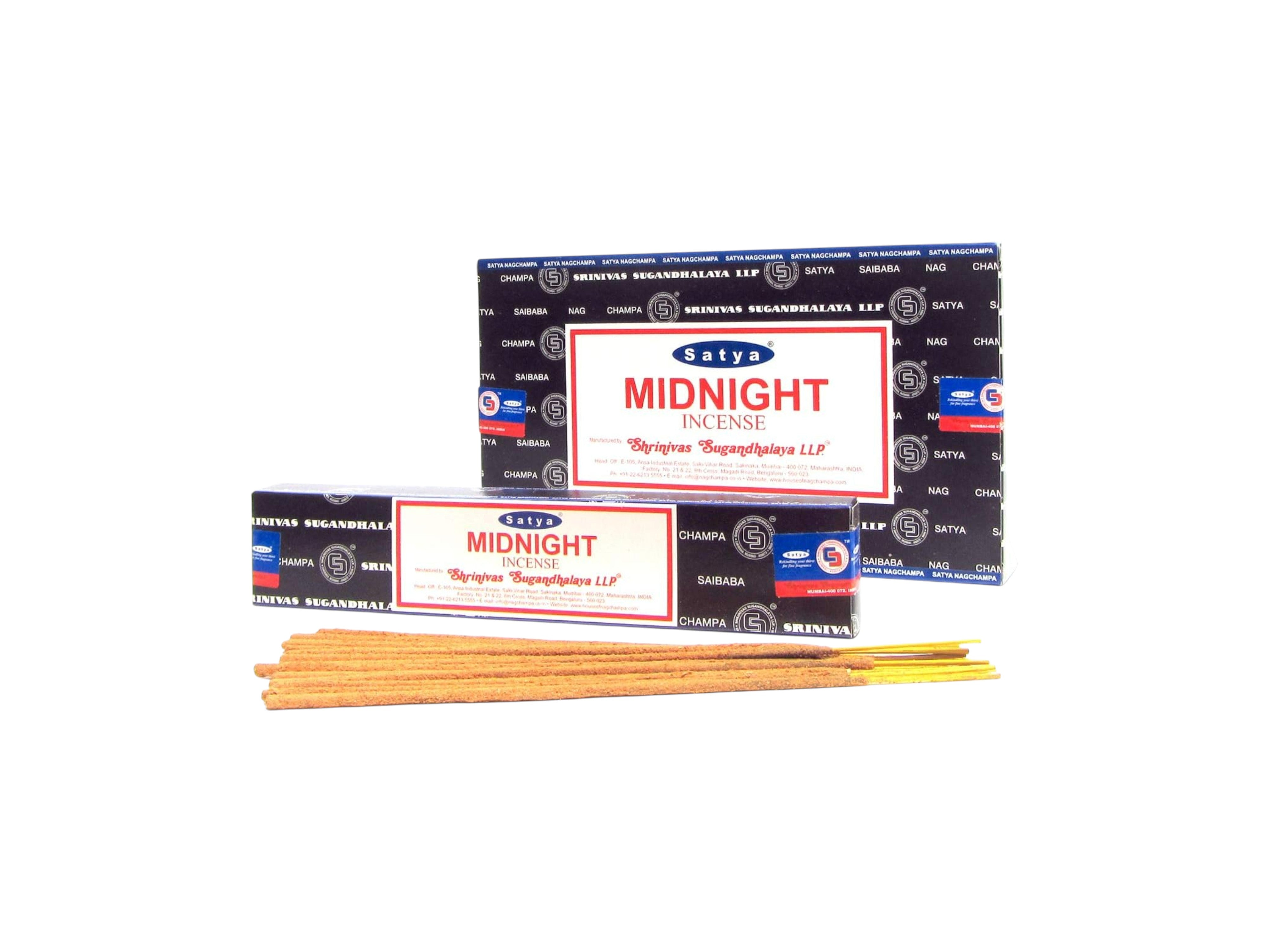 Satya Midnight incense sticks with packaging on a white background
