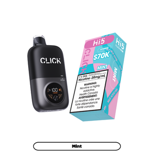 Black 'CLICK' device and a colorful vape cartridge packaging on a white background