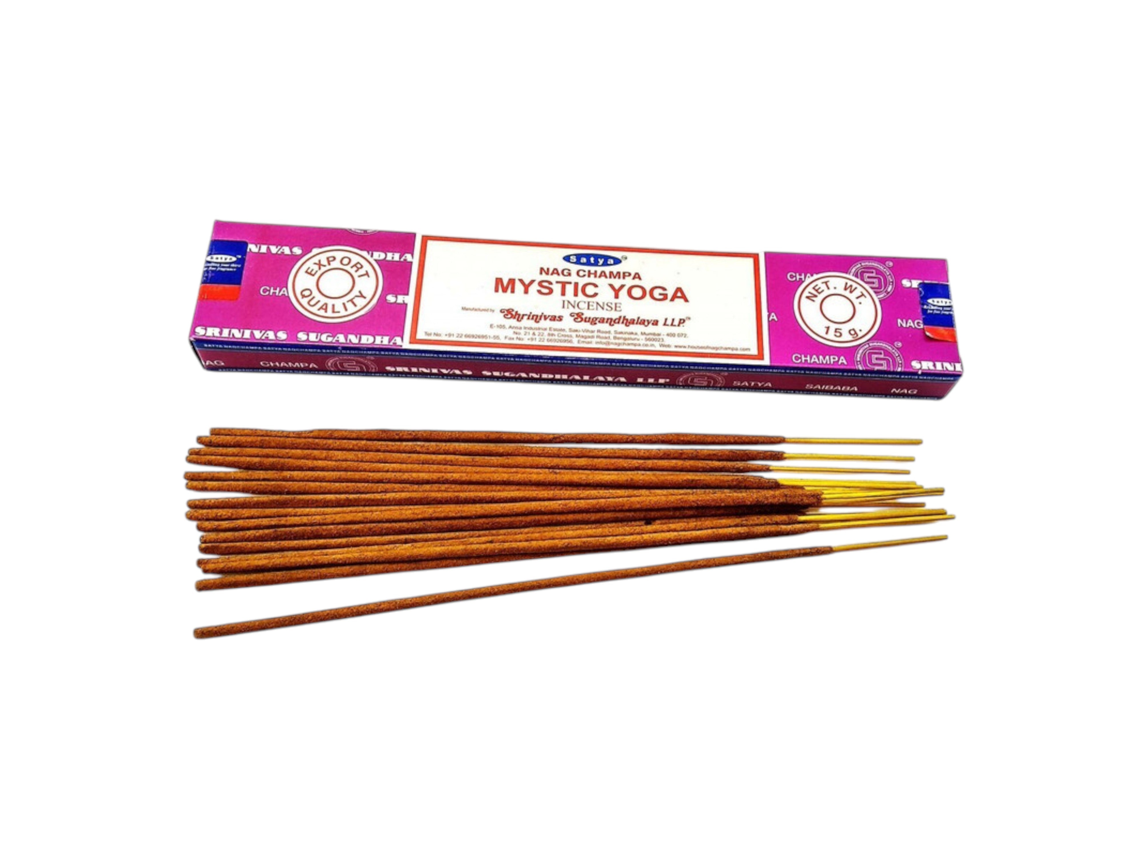 Incense sticks with their packaging labeled 'Mystic Yoga' on a white background