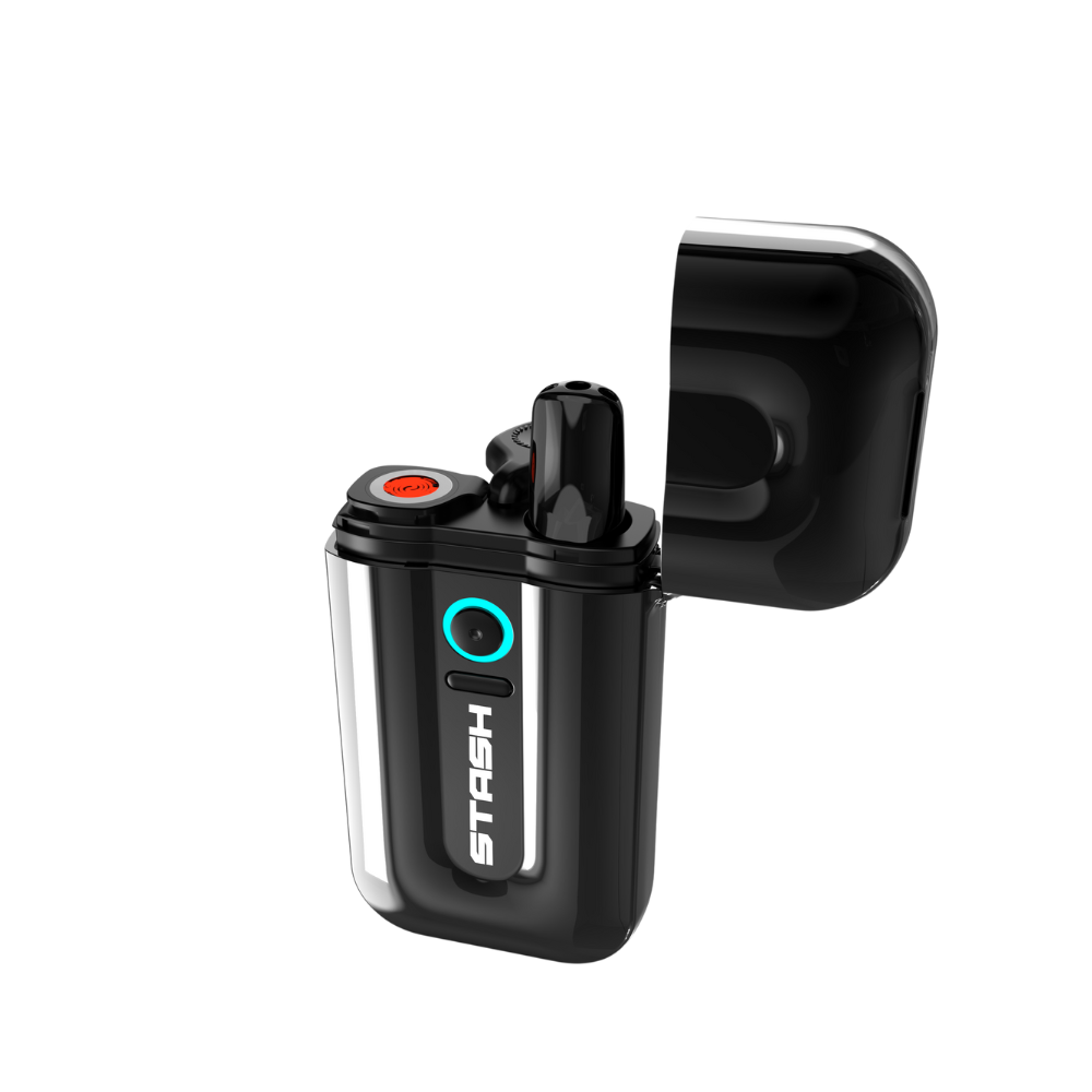 Black electronic device with 'Stash' branding on a white background