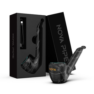 Black marble-patterned pipe with 'NOVA' branding next to an open black box displaying the same pipe.