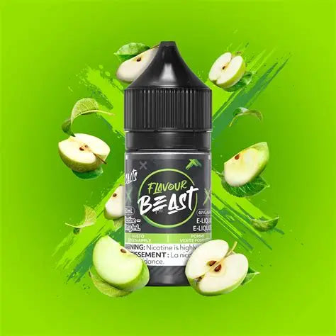 Flavour Beast e-liquid bottle with green apple slices on a green background