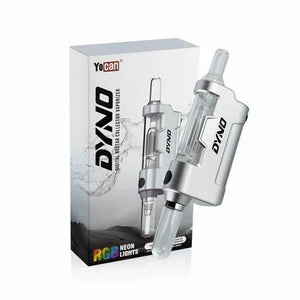 The image features a digital nectar collector vaporizer named DYNO, which is black in color. It is shown with a glass bubbler attachment and is portrayed against a backdrop of water, emphasizing the product's use for vaping.