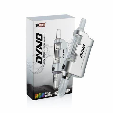 The image features a digital nectar collector vaporizer named DYNO, which is black in color. It is shown with a glass bubbler attachment and is portrayed against a backdrop of water, emphasizing the product's use for vaping.
