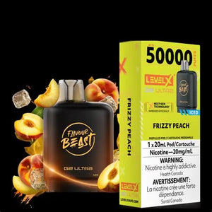 Flavour Beast vape device with Frizzy Peach flavor and Level X packaging on a black background