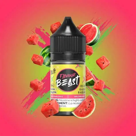 Flavour Beast e-liquid bottle with watermelon slices on a colorful background