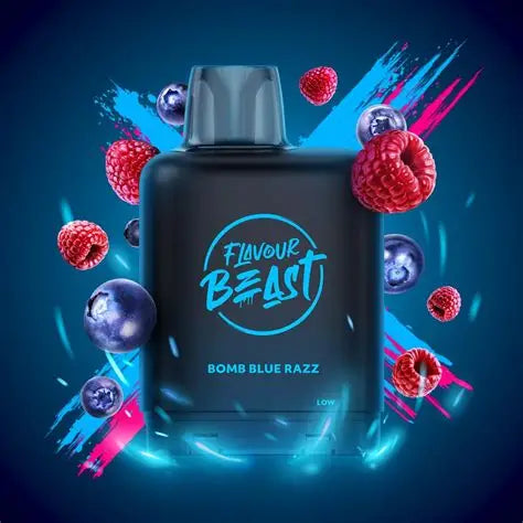 Flavour Beast Bomb Blue Razz vape device with berries on a dark blue background