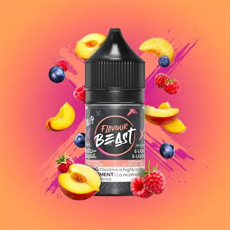 Flavour Beast e-liquid bottle with fruit graphics on a colorful background