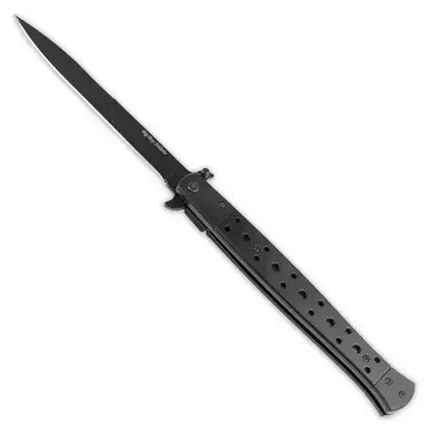 Black knife with a blade extended on a white background