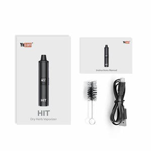 Yocan HIT dry herb vaporizer set with packaging, manual, cleaning brush, and cable on a white background