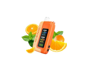 Orange vape device with digital display surrounded by orange slices and mint leaves on a white background