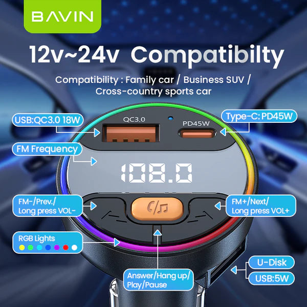 Bavin car charger with compatibility details and features highlighted on a blue background