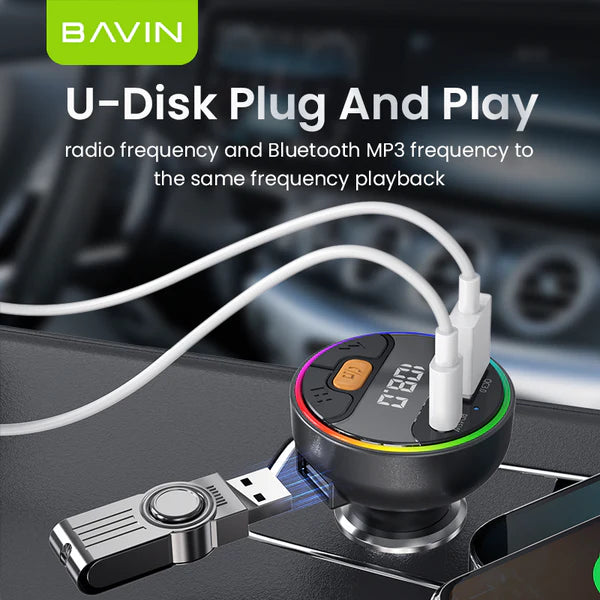 Bavin U-Disk Plug And Play device with multiple cables on a blurred car interior background.