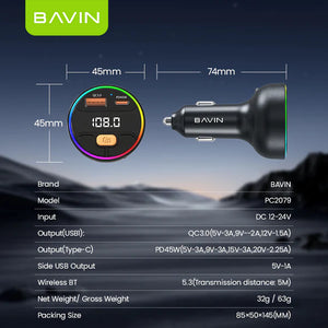 Bavin car charger with dimensions and specifications displayed on a mountainous background