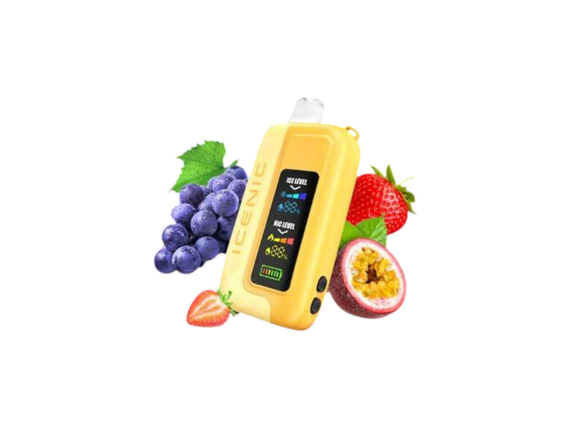 Yellow electronic device with fruits on a white background