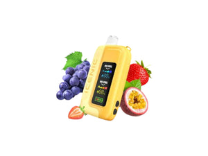 Yellow electronic device with fruits on a white background