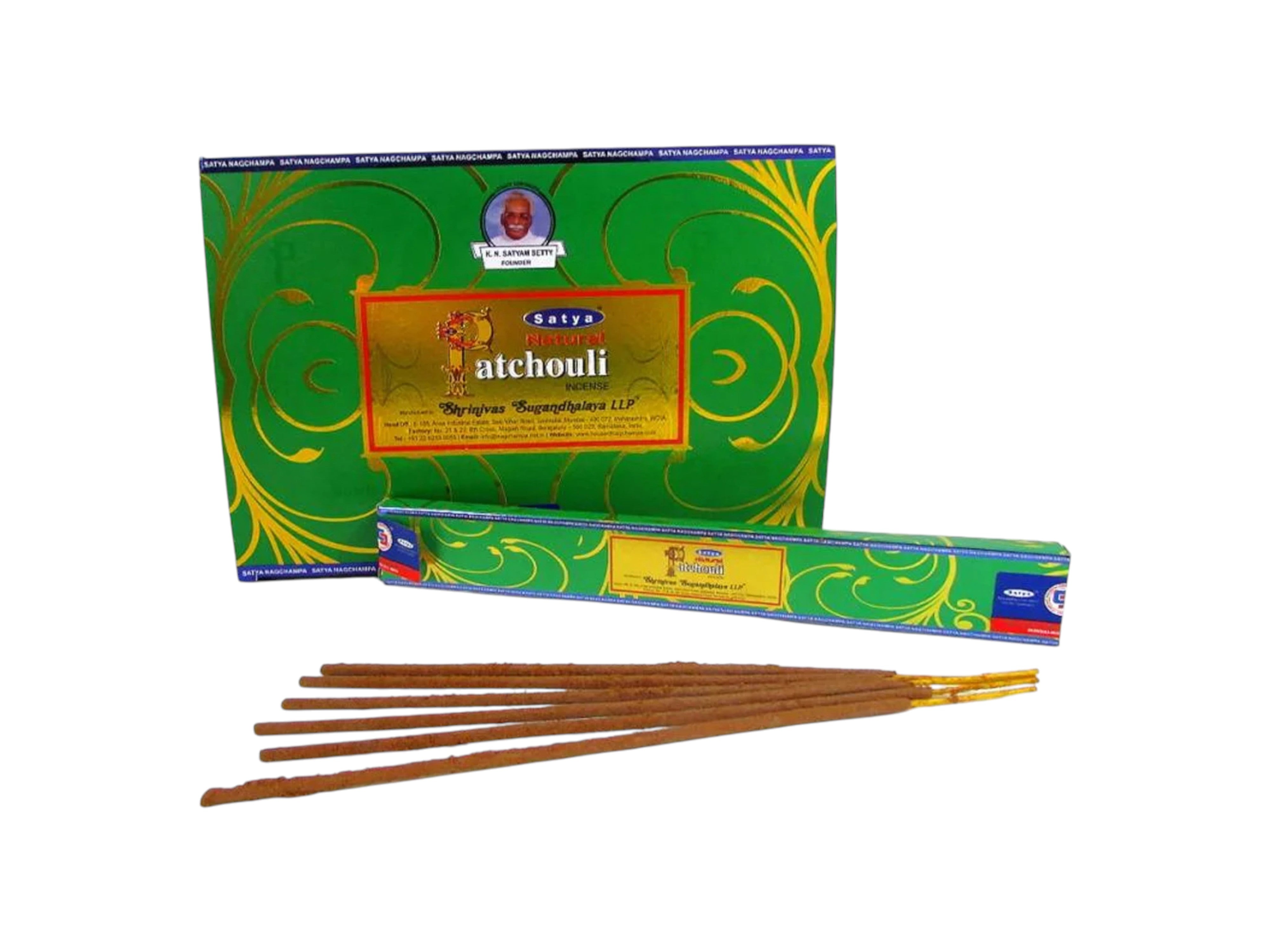 Sandalwood incense sticks with green packaging on a white background