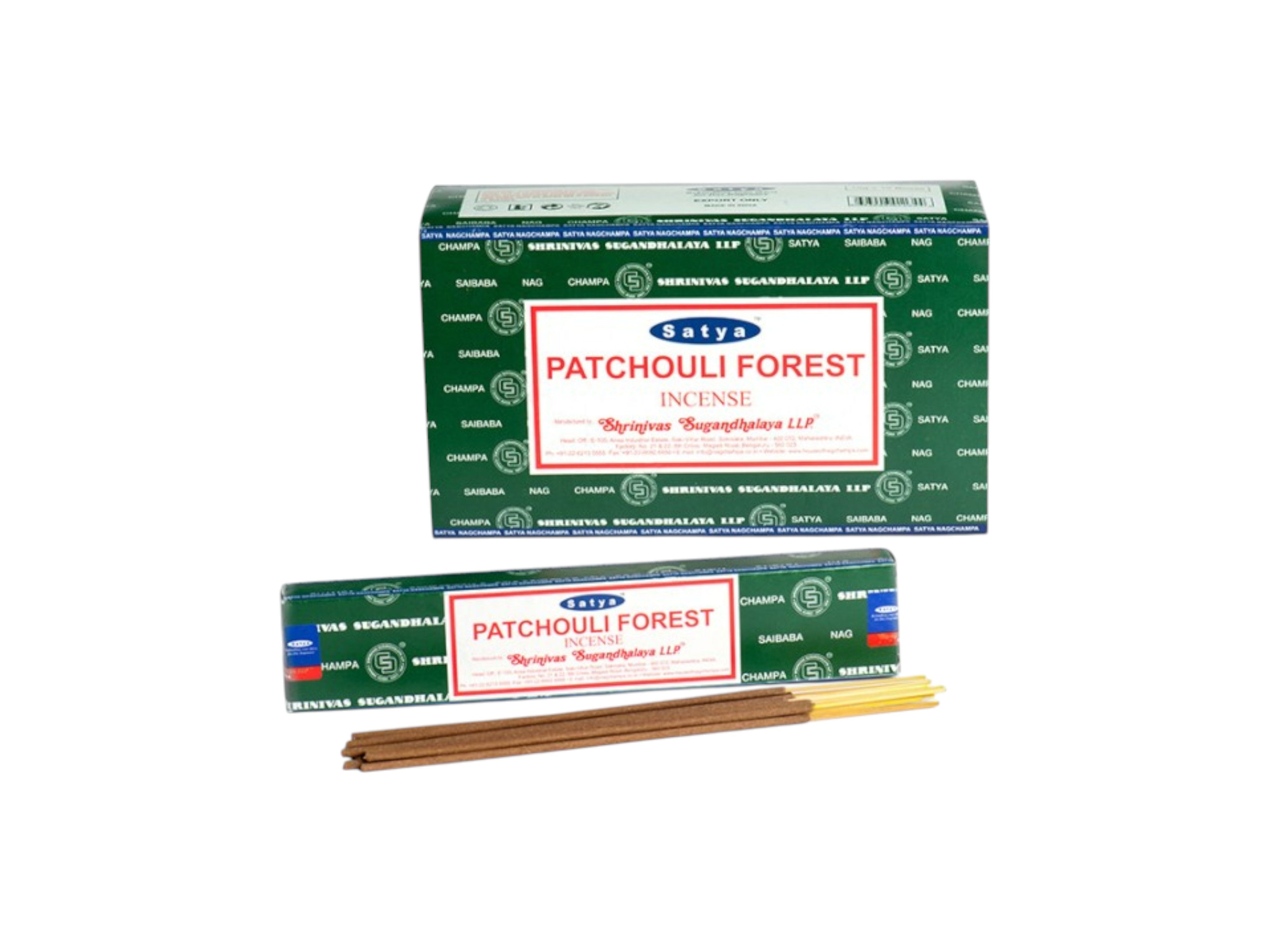 Two boxes of Satya Patchouli Forest incense with two sticks on a white background