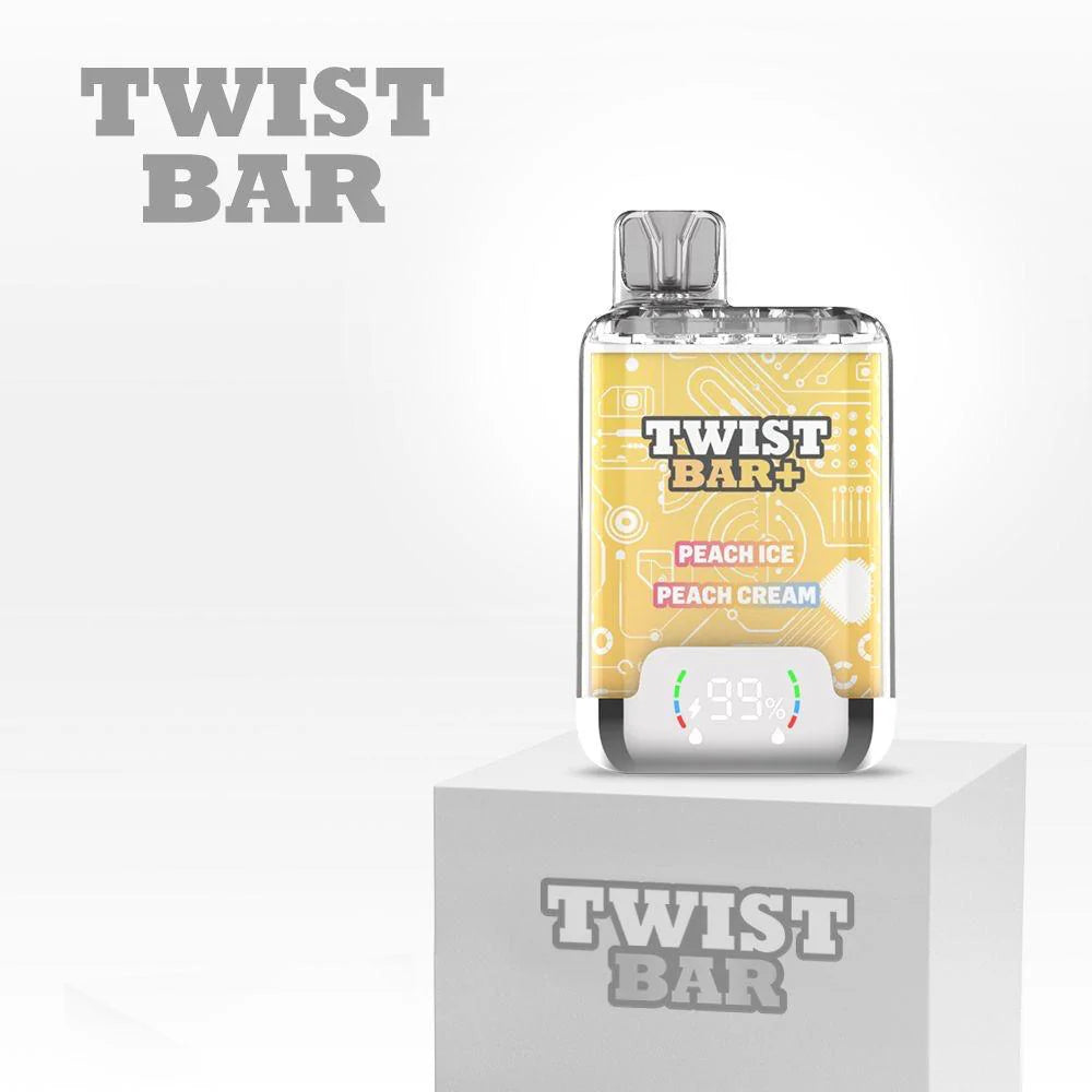 Twist Bar vape device with peach ice and peach cream flavor on a white background