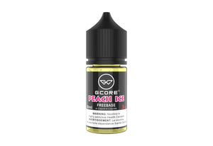 Vape juice bottle labeled 'Peach Ice' with a black cap on a white background