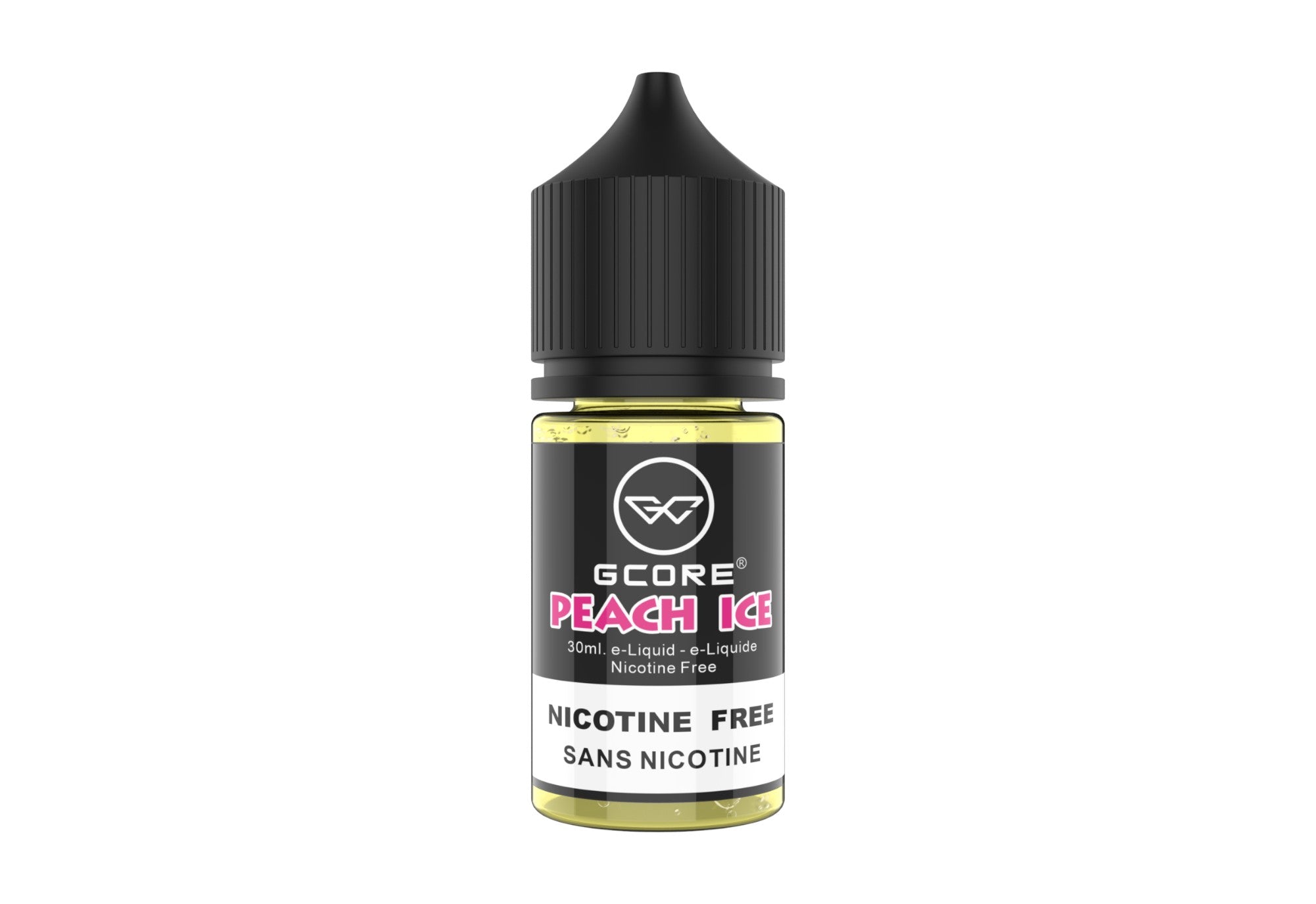 Vape juice bottle labeled 'Peach Ice' by Gcore on a white background