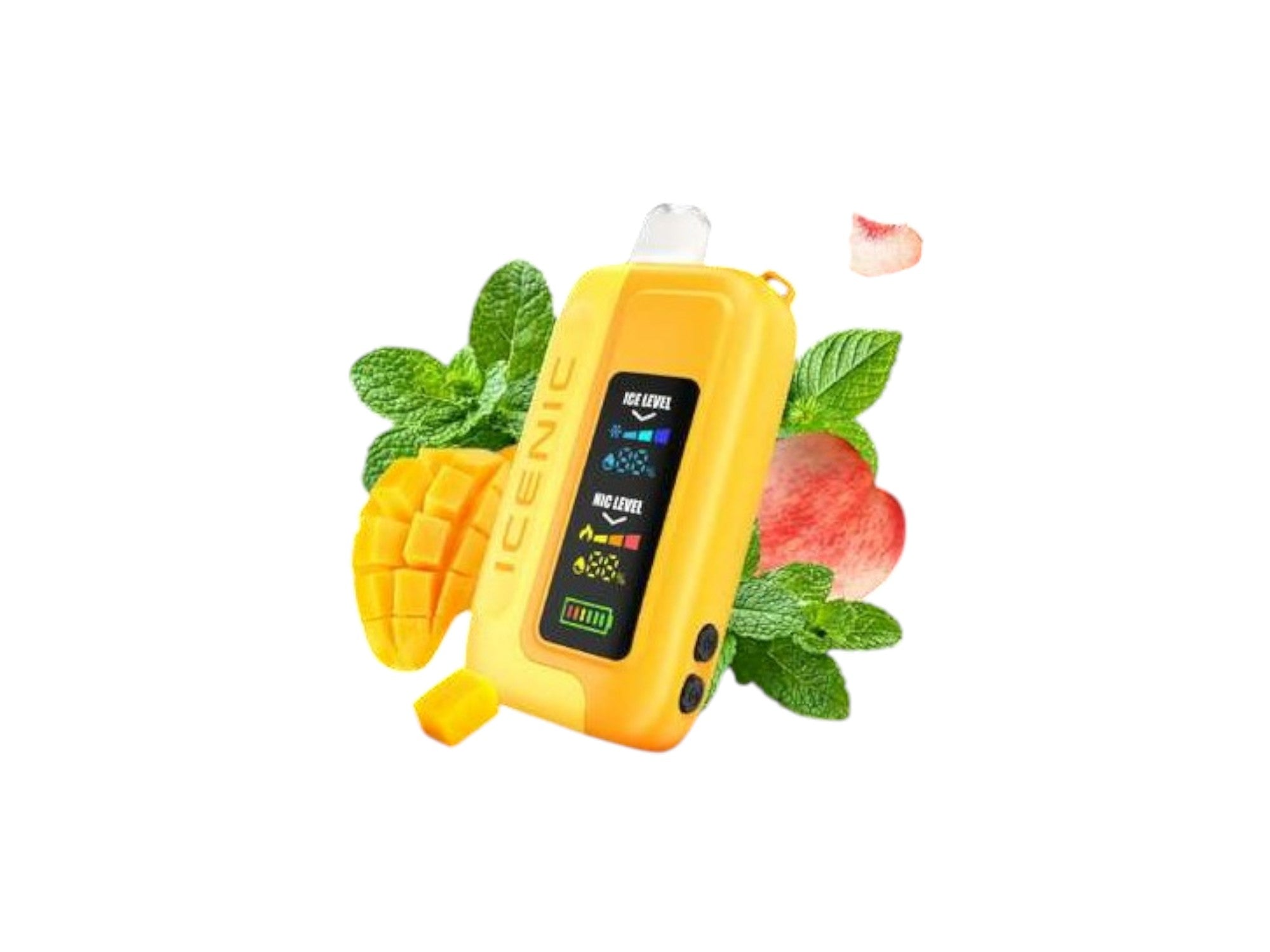 Yellow electronic device with fruit-themed design on a white background