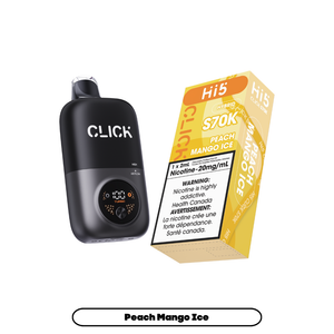 Black Click vape device with a yellow Hi5 vape juice box on a white background