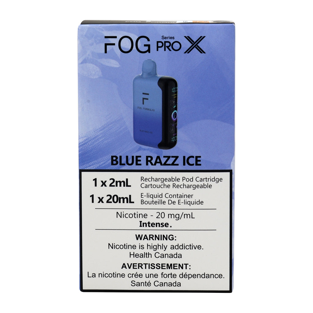 Fog Pro X Blue Razz Ice e-liquid packaging on a white background