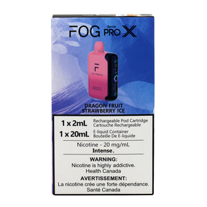 Fog Pro X e-liquid packaging with dragon fruit strawberry ice flavor on a white background