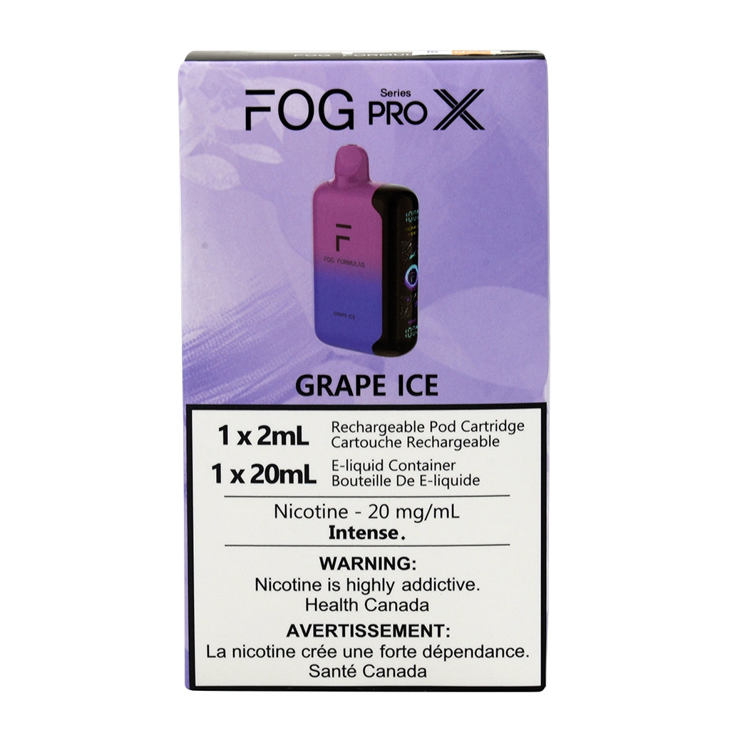 Packaging of FOG Pro X Grape Ice e-liquid with a purple and pink gradient design.