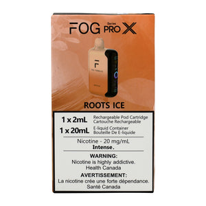 Fog Pro X Roots Ice e-liquid packaging on a white background