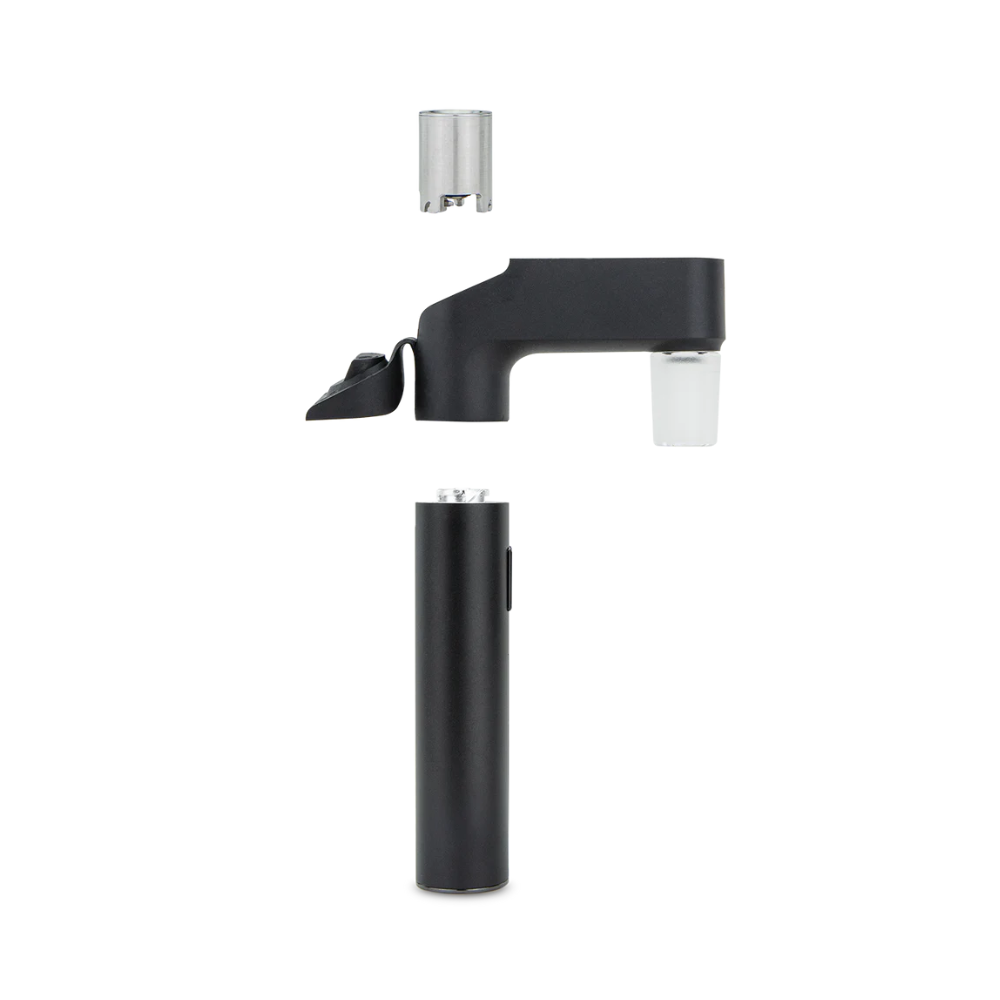 A black Puffco Pivot Glass Adapter, disassembled, showing the base, adapter, and glass joint.