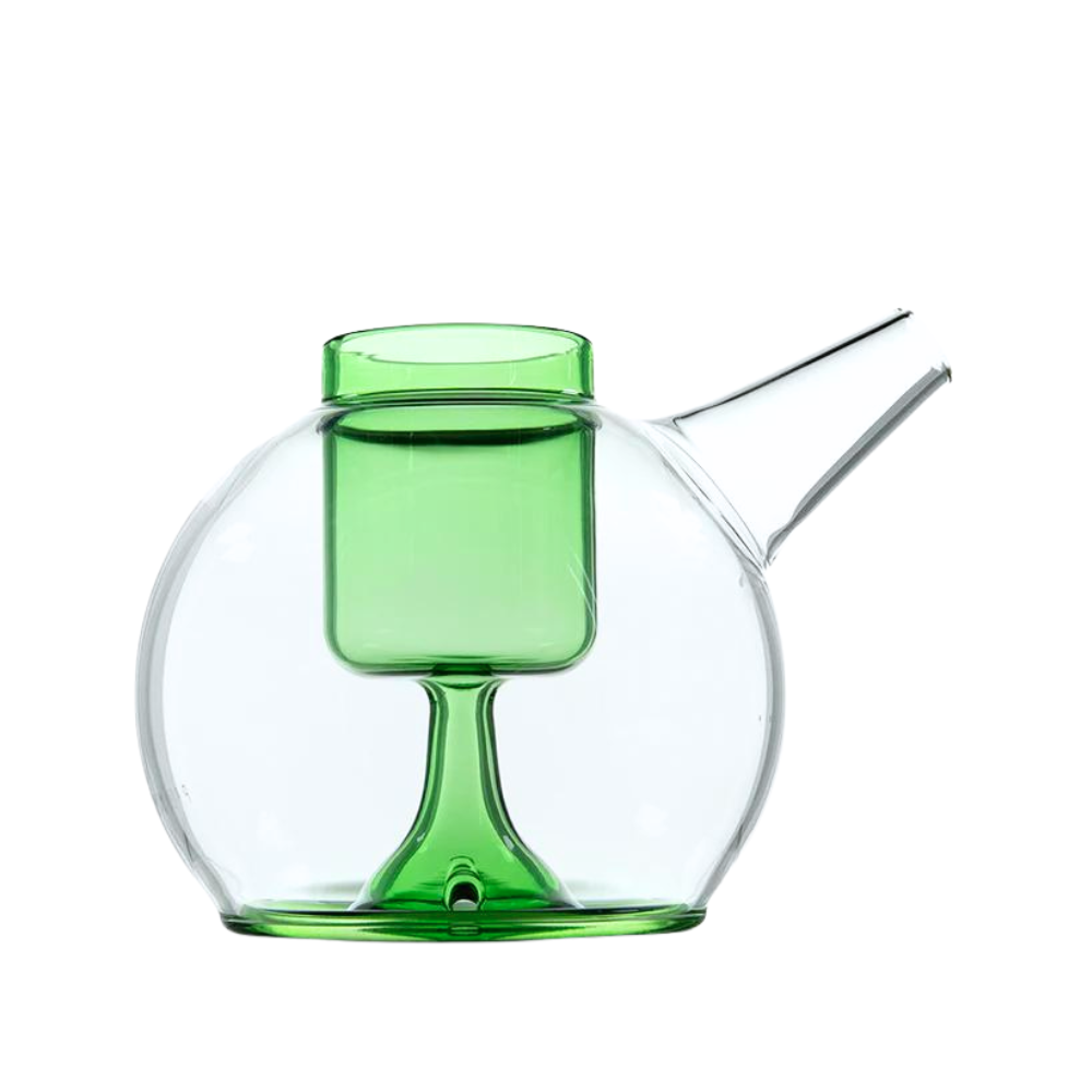 A green and clear glass waterpipe with a flat base and dual perc holes, designed for vaporizing herbs.