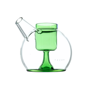 A green and clear glass waterpipe with a flat base and dual perc holes, designed for vaporizing herbs.