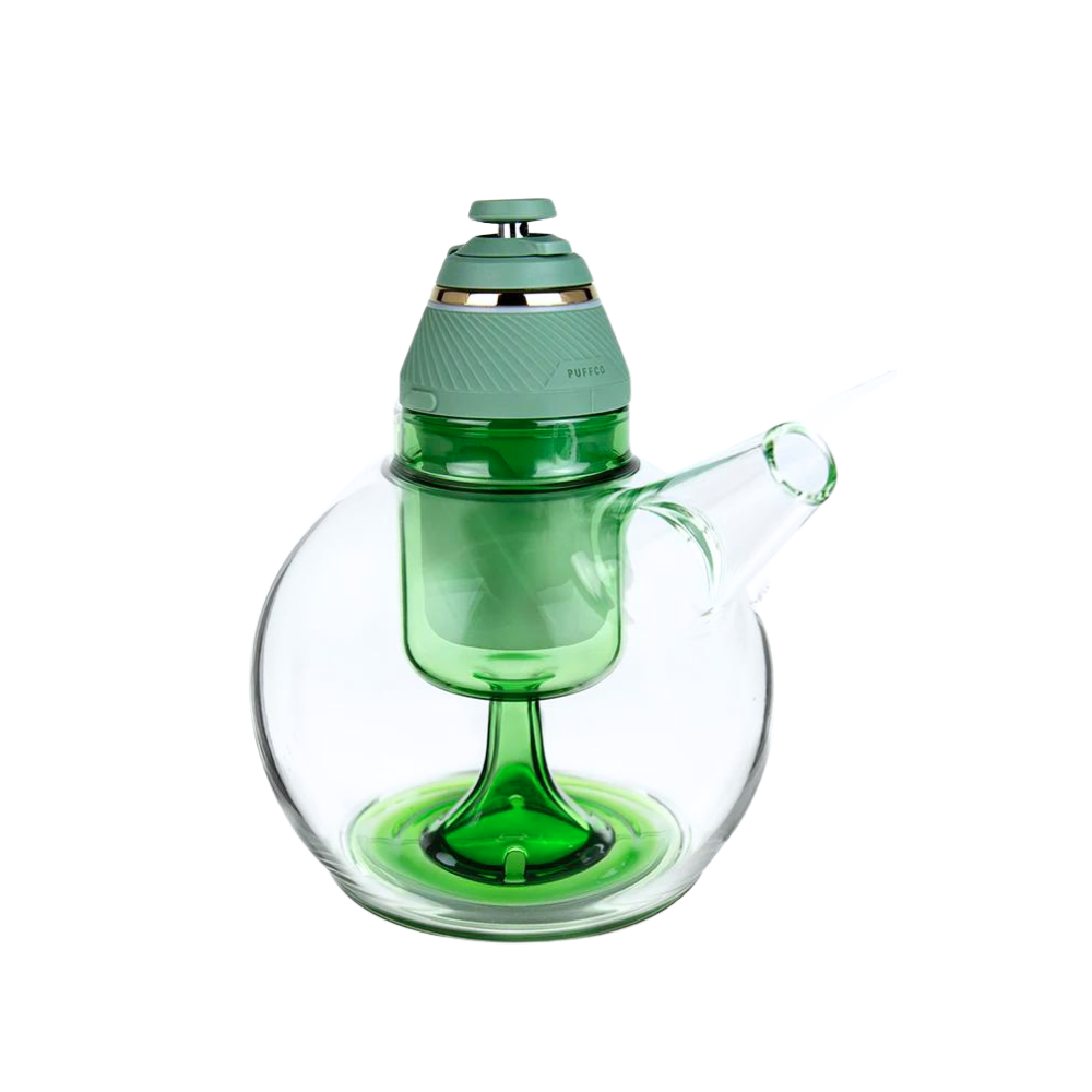 A green and clear glass waterpipe with a flat base and dual perc holes, designed for vaporizing herbs.