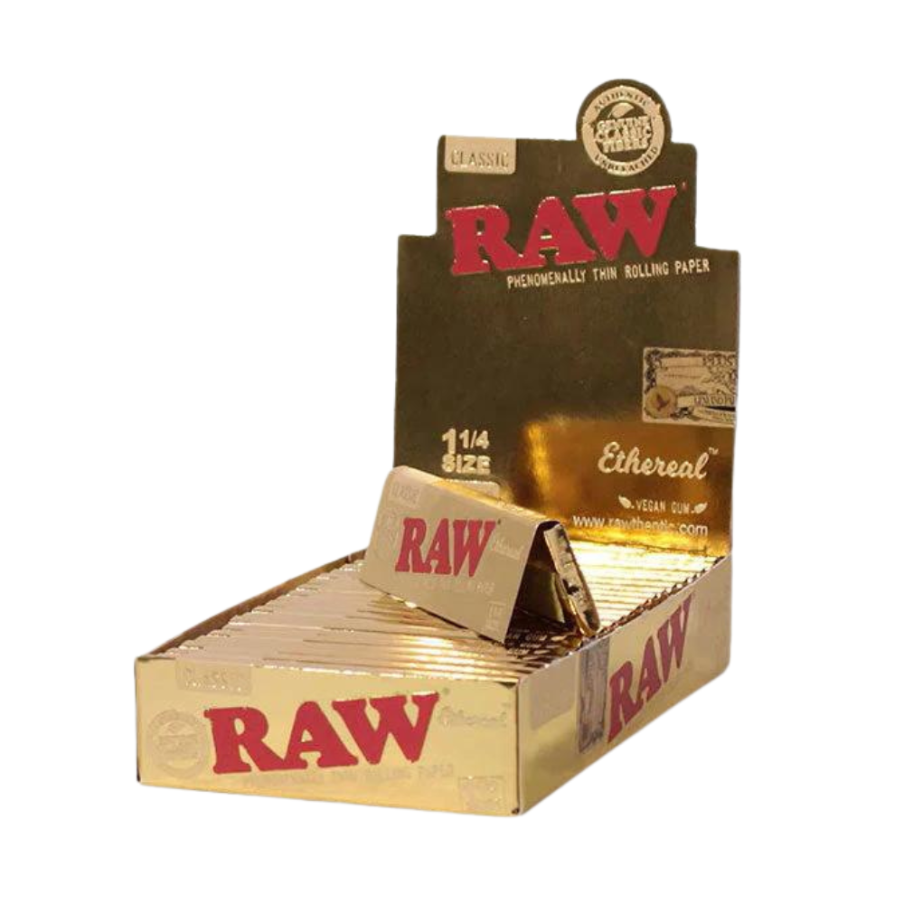 Box of Raw rolling paper with red text on a white background