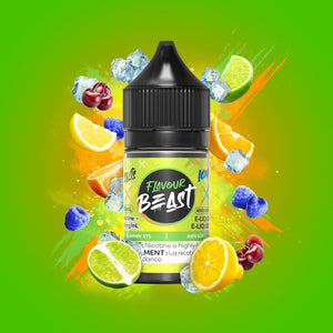 Flavour Beast e-liquid bottle with colorful fruit and ice elements on a vibrant green background