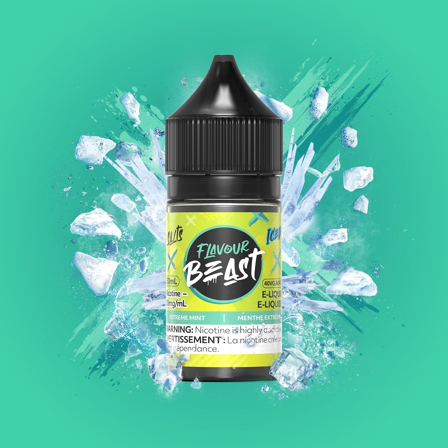 Flavour Beast e-liquid bottle with ice cubes on a green background