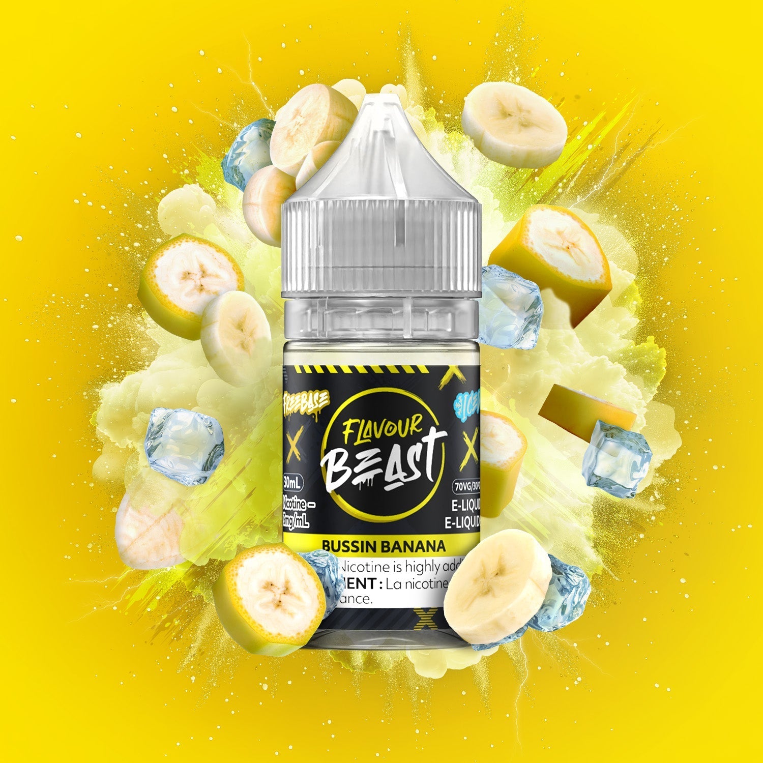 Flavour Beast Bussin Banana e-liquid bottle surrounded by banana slices and ice cubes on a yellow background