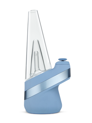 A blue and clear electronic vaporizer with a conical mouthpiece and a side-mounted control joystick