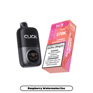 Black Click device and pink Hi5 vape box on a white background