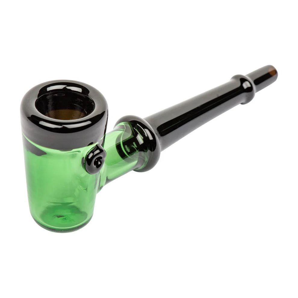 Glass pipe with green body and black accents on a white background
