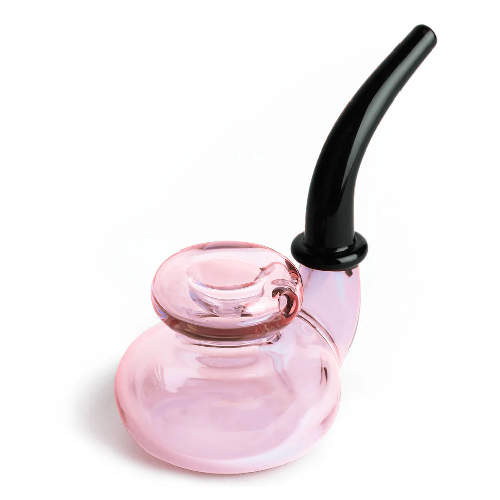 Pink glass pipe with a black accent on a white background