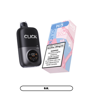 Black 'CLICK' device with a pink and blue box on a white background