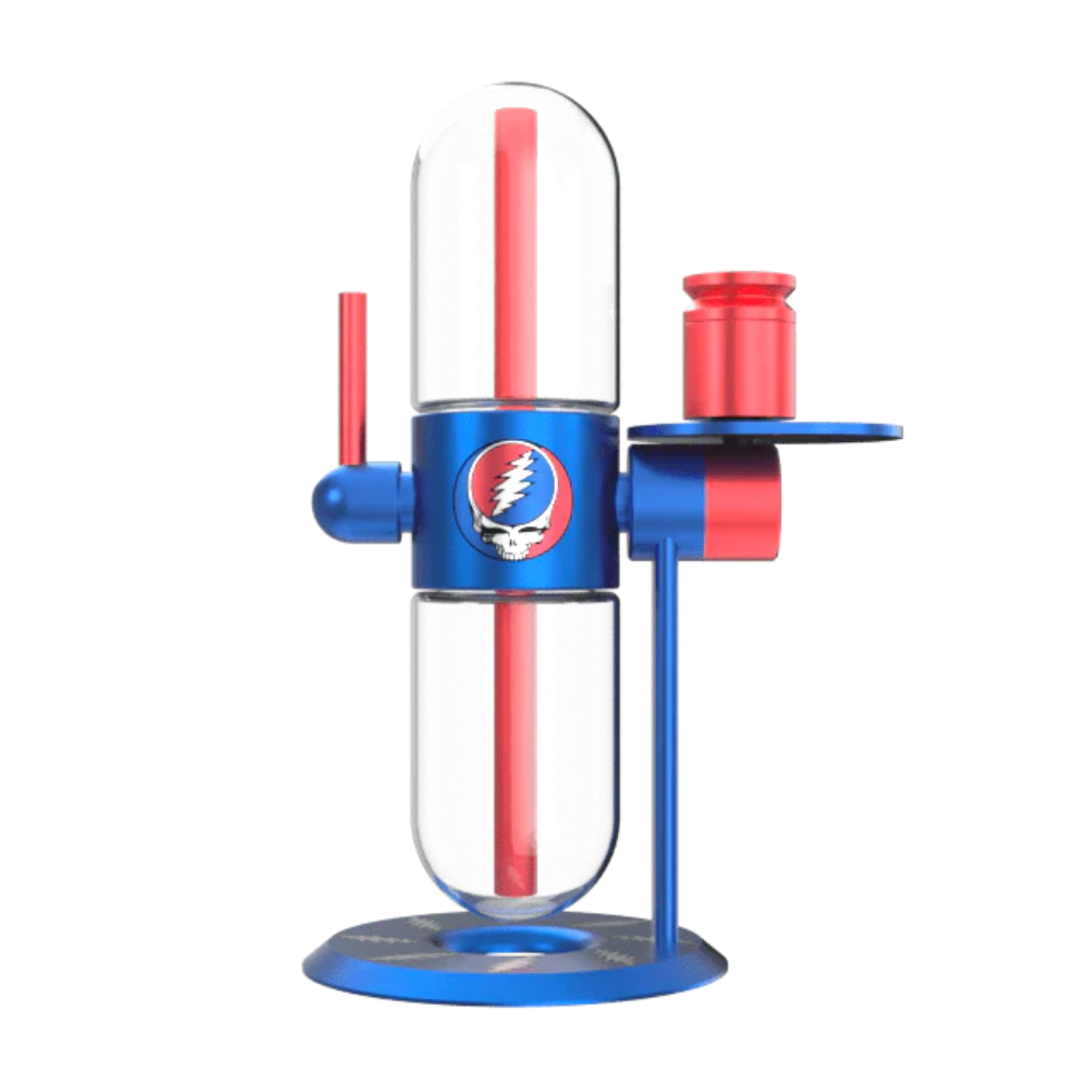 Glass smoking device with red and blue components on a white background