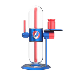 Glass smoking device with red and blue components on a white background